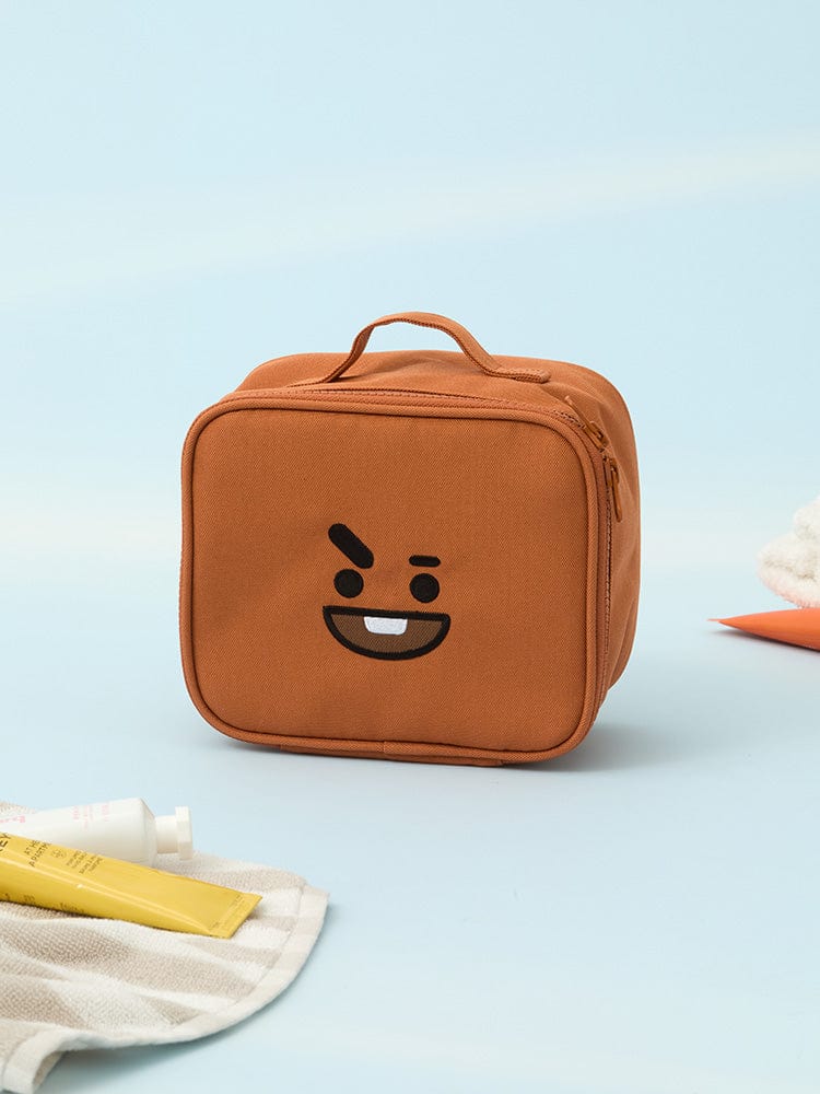 BT21 SHOOKY BASIC MULTI POUCH (M) LINE FRIENDS : pochette orange Shooky avec smiley, sur fond bleu ciel