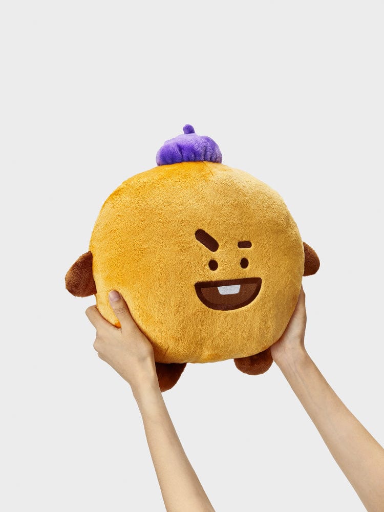 BT21 SHOOKY CUSHION HOPE IN LOVE, coussin officiel LINE FRIENDS en forme de SHOOKY jaune, mains en arrière-plan