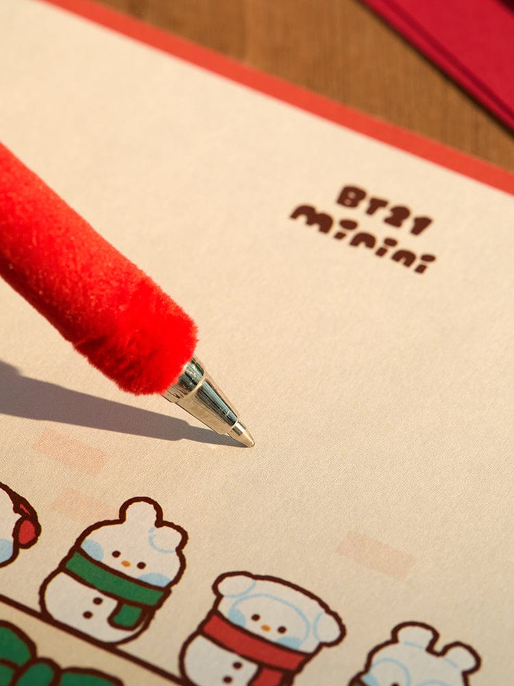 BT21 SHOOKY mini minini SNOWMAN PLUSH GEL PEN PETITE HOLIDAY : stylo gel avec peluche Shooky, dessin neigeux BT21 sur carnet.