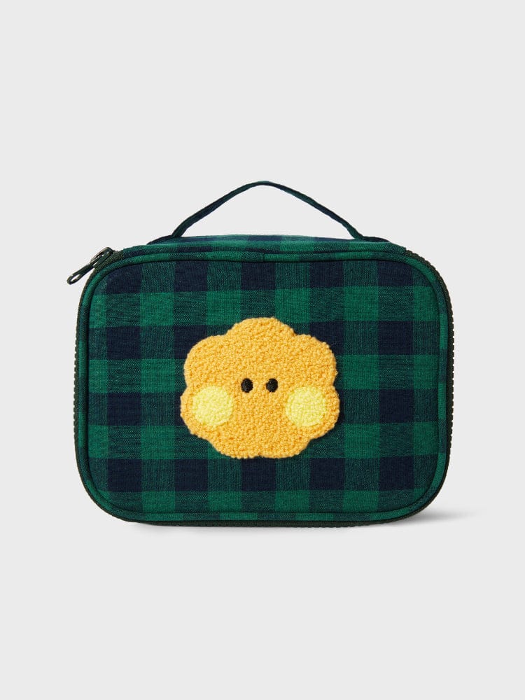 BT21 SHOOKY minini CHECKERED POUCH BASIC, pochette à carreaux vert, design SHOOKY biscuit malicieux, licence LINE FRIENDS.