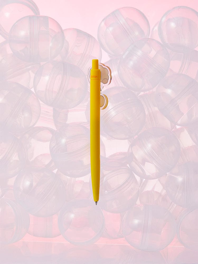 BT21 SHOOKY minini GEL PEN LUCKY GATCHA : stylo gel jaune SHOOKY sur fond rose avec bulles, design minini LINE FRIENDS