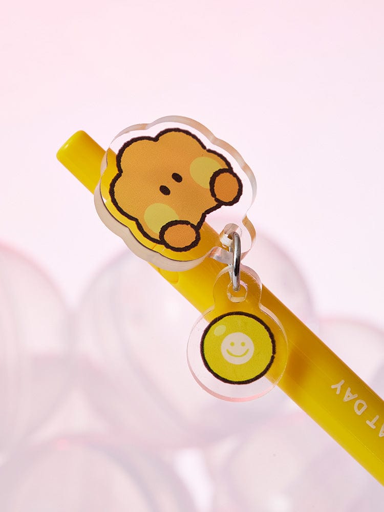 BT21 SHOOKY minini GEL PEN LUCKY GATCHA LINE FRIENDS : stylo gel jaune avec porte-clés SHOOKY sur fond clair.