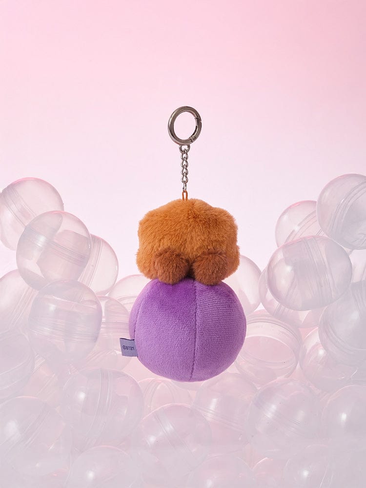 BT21 SHOOKY minini PLUSH KEYRING LUCKY GATCHA, porte-clés officiel SHOOKY violet sur fond rose, collection MININI.