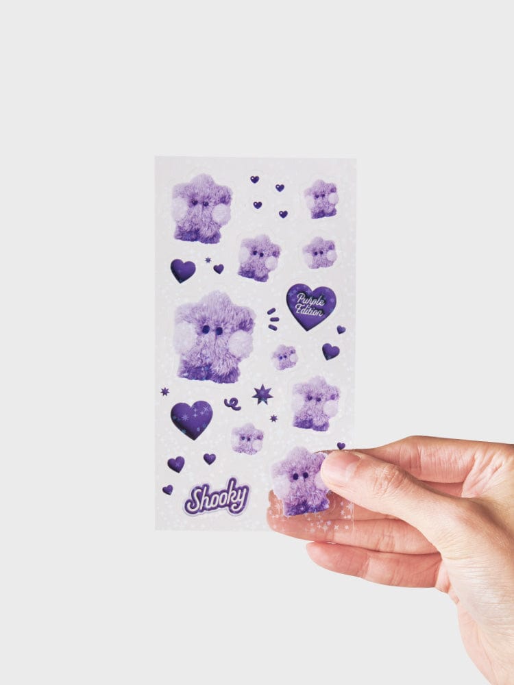 BT21 SHOOKY minini STICKERS PURPLE OF WISH EDITION, stickers violet en main, marque LINE FRIENDS, design SHOOKY cœur