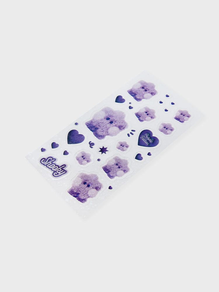 BT21 SHOOKY minini STICKERS PURPLE OF WISH EDITION : stickers violets SHOOKY et cœurs, papeterie LINE FRIENDS, fond clair.