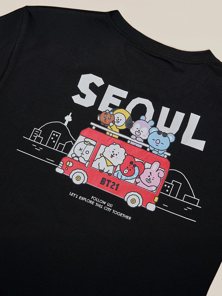 BT21 SHORT SLEEVE T-SHIRT BLACK SEOUL EDITION : t-shirt noir LINE FRIENDS BT21 avec visuel bus Seoul, personnages BTS