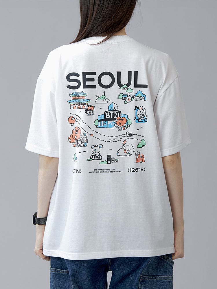 BT21 SHORT SLEEVE T-SHIRTS SEOUL EDITION ver.1 (WHITE), t-shirt blanc dos avec “SEOUL” et personnages, marque BT21 x LINE FRIENDS