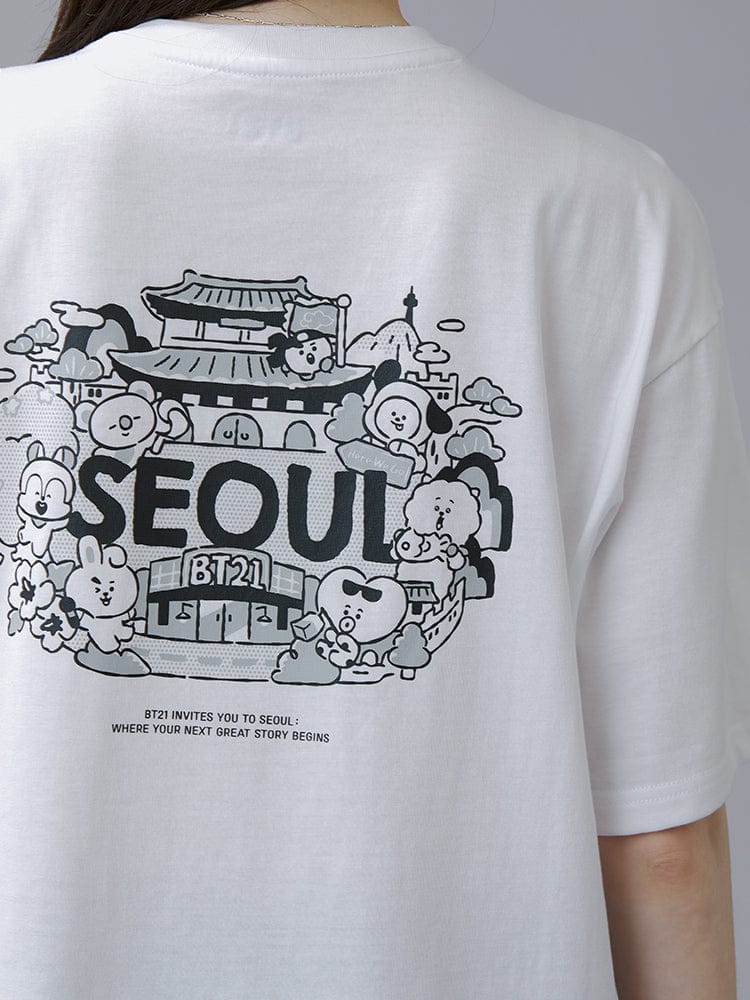 BT21 SHORT SLEEVE T-SHIRTS SEOUL EDITION ver.2 (WHITE) officielle LINE FRIENDS, t-shirt blanc avec visuel SEOUL BTS K-pop