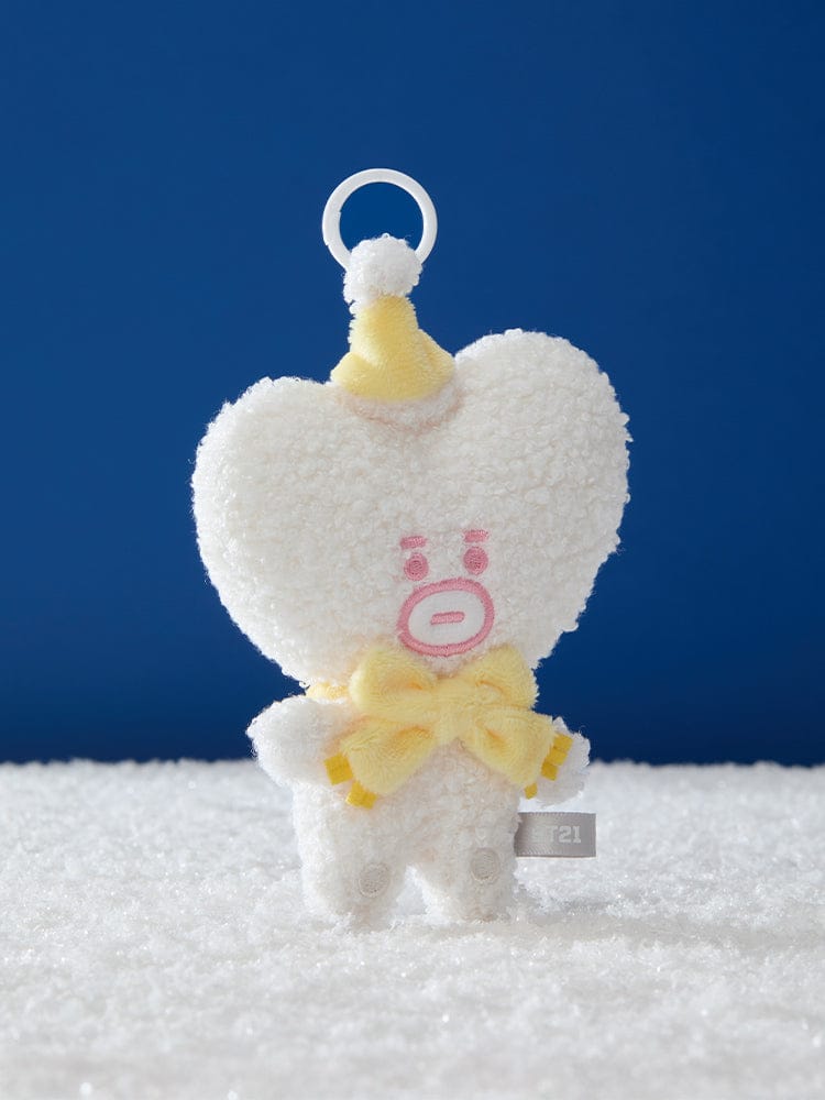 BT21 SNOWMAN PLUSH KEYRING, porte-clés peluche LINE FRIENDS, personnage bonhomme de neige BT21 sur fond bleu