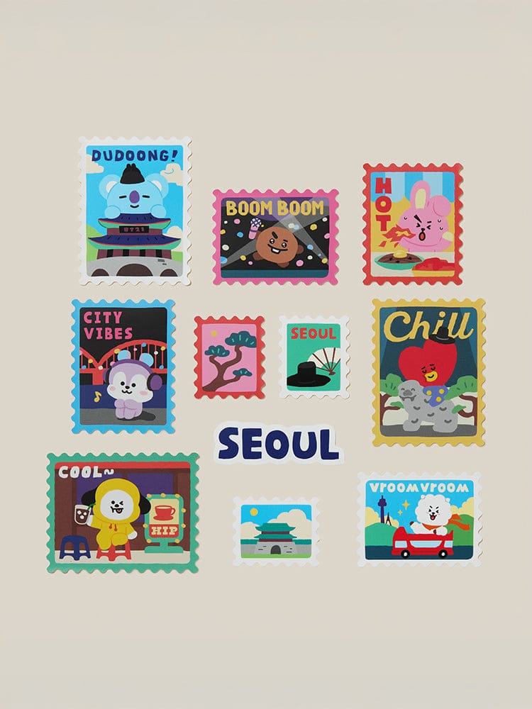 BT21 STICKER PACK SEOUL EDITION : stickers officiels LINE FRIENDS avec DUDUONG, CHILL et SEOUl sur fond beige
