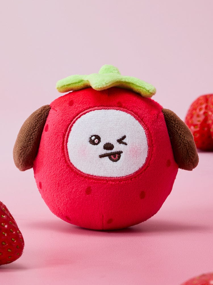 BT21 STRESS BALL STRAWBERRY PARTY : balle anti-stress rouge fraise CHIMMY sur fond rose, LINE FRIENDS, style peluche