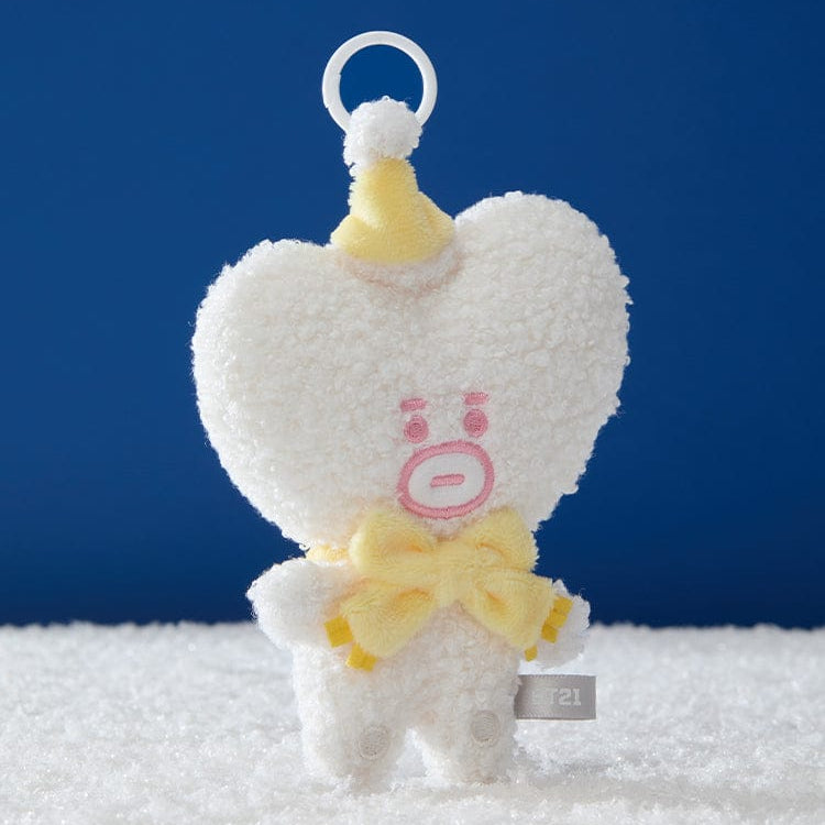 BT21  Snowman Doll Keychain : porte-clés peluche bonhomme de neige, décorations hivernales sur fond bleu, marque BT21