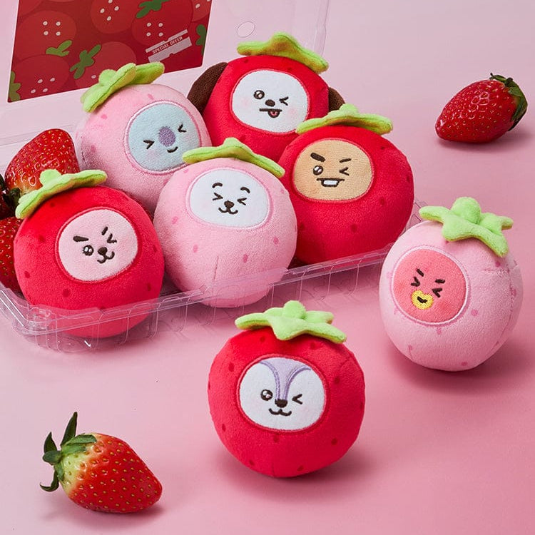 BT21  Strawberry Party Stress Ball Doll, peluches anti-stress en forme de fraise sur fond rose, marque BT21