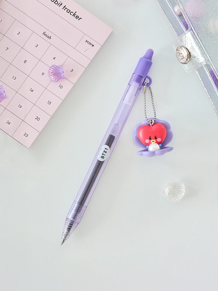 BT21 TATA BABY PEARL FIGURINE GEL PEN, stylo gel violet LINE FRIENDS, figurine porte-clés sur bureau avec calendrier