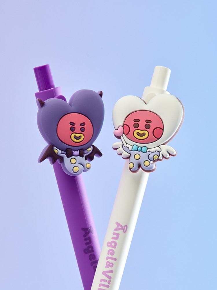 BT21 TATA GEL PEN SET (2PCS) ANGEL & VILLAIN : deux stylos TATA Angel & VILLAIN sur fond bleu, papeterie officielle LINE FRIENDS