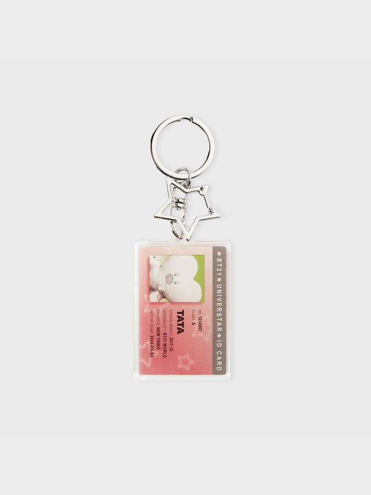 BT21 TATA ID CARD ACRYLIC KEYRING SILVER EDITION : porte-clés acrylique argent avec badge TATA, fond clair, style officiel LINE FRIENDS.