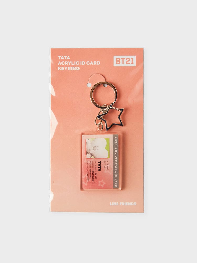 BT21 TATA ID CARD ACRYLIC KEYRING SILVER EDITION, porte-clés acrylique TATA LINE FRIENDS sur emballage orange