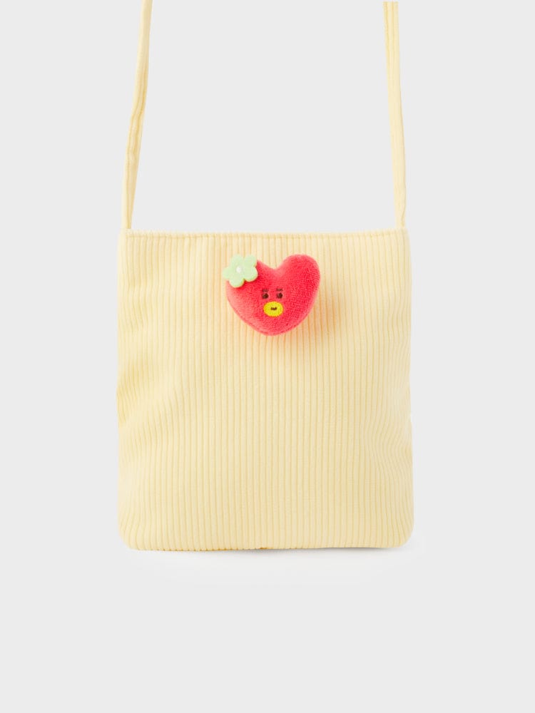BT21 TATA MINI CORDUROY CROSSBODY BAG SPRING DAYS, pochette bandoulière LINE FRIENDS à motif TATA, sur fond clair.