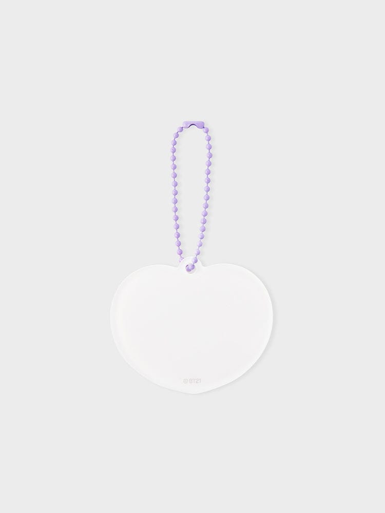 BT21 TATA NEWBORN BABY LENTICULAR 3D KEYRING officiel LINE, porte-clés cœur blanc avec cordon violet, fond clair.