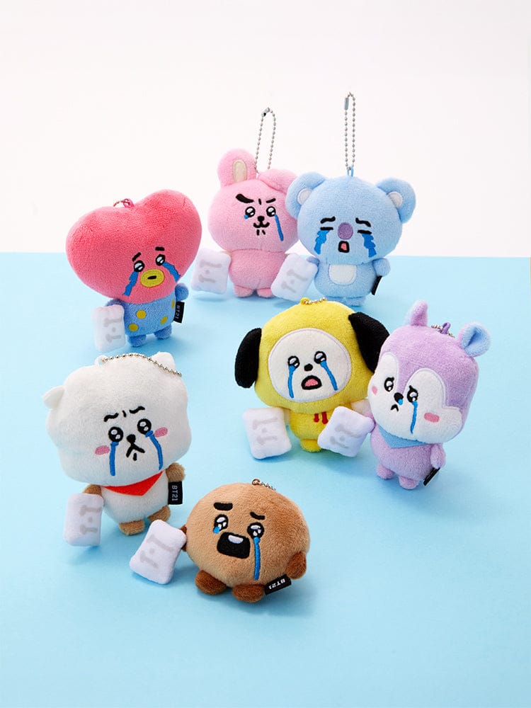 BT21 TEARDROP PLUSH KEYRING TODAY'S FACE, porte-clés en peluche sur fond bleu avec personnages BT21, LINE FRIENDS x BTS