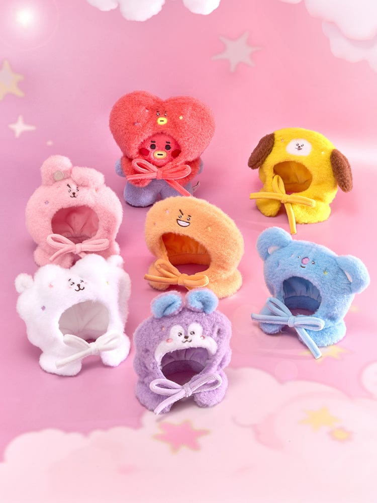 BT21 THE JOURNEY STAR CORE CLOSET - HOODIE CAPE : peluches capes BTS x LINE FRIENDS sur fond rose avec étoiles