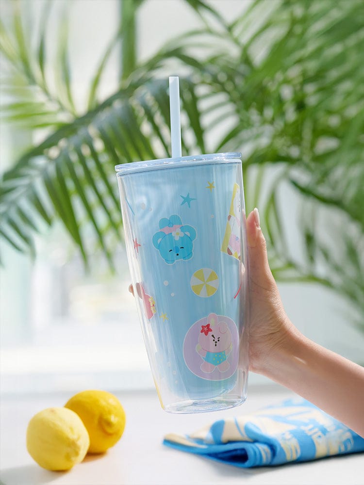 BT21 TUMBLER (24 oz) SPLASH EDITION LINE FRIENDS, verre bleu kawaii avec paille blanche sur table ensoleillée