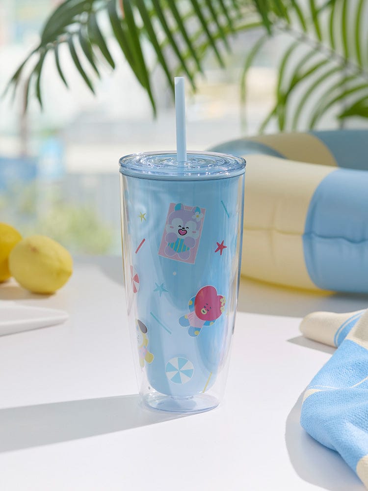 BT21 TUMBLER (24 oz) SPLASH EDITION LINE FRIENDS : gobelet transparent bleu kawaii en intérieur, boisson avec paille