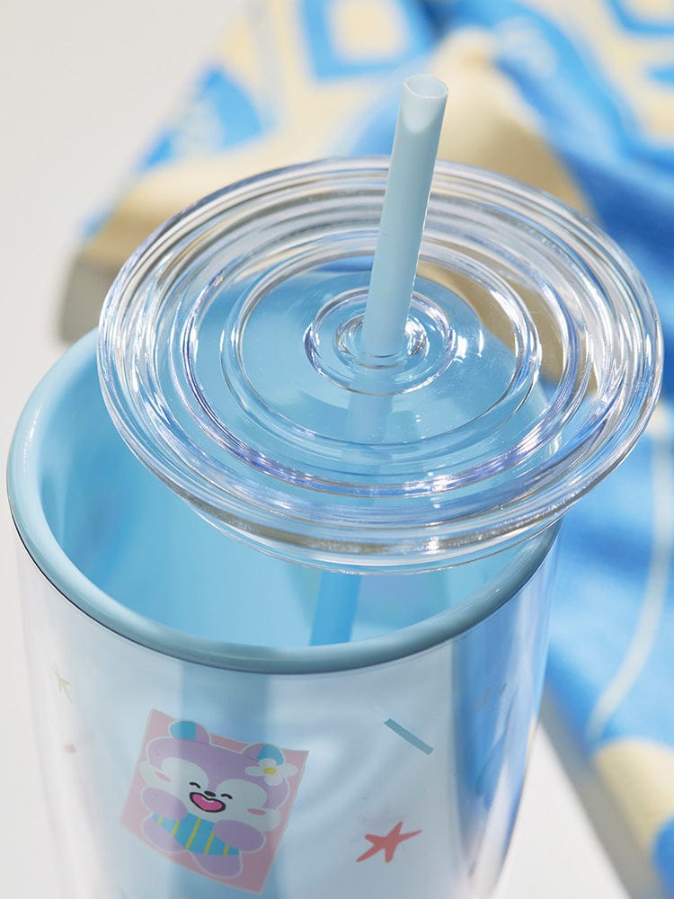 BT21 TUMBLER (24 oz) SPLASH EDITION LINE FRIENDS, gobelet bleu avec paille et design kawaii sur fond estival
