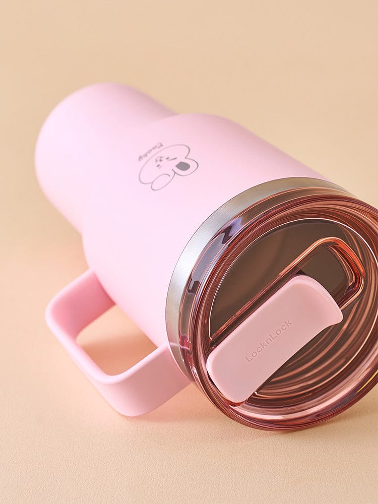 BT21 TUMBLER (28 OZ) DAILY BASIC LINE FRIENDS, gobelet rose kawaii montrant le bouchon inox sur fond beige.