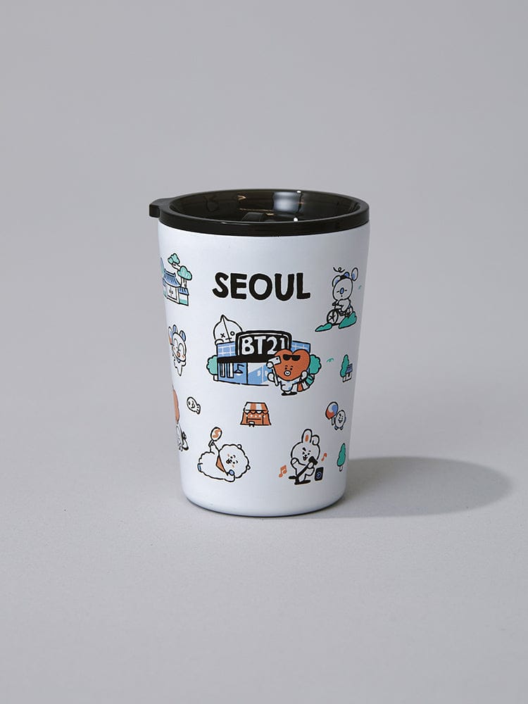 BT21 TUMBLER SEOUL EDITION (11oz) LINE FRIENDS : mug blanc avec motifs K-pop dans un décor urbain de Séoul