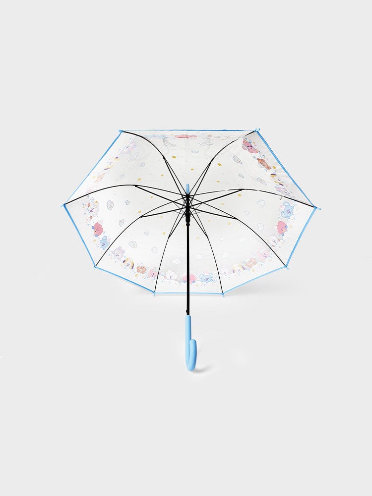 BT21 UMBRELLA ON THE CLOUD EDITION : parapluie officiel LINE FRIENDS avec personnages sur un ciel de nuages, bleu.