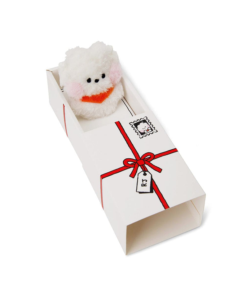 BT21 mini minini RJ DOLL, peluche officielle alpaga Jin, dans sa boîte cadeau blanche, décor minimaliste chambre.