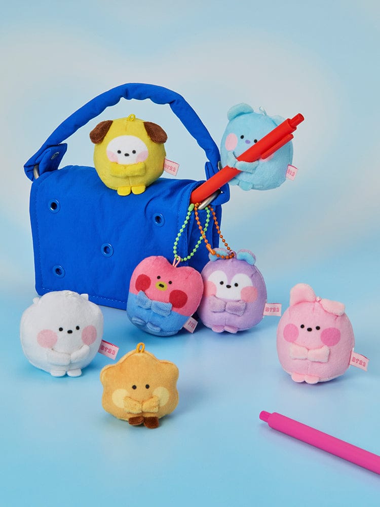 BT21 mini minini TINY POCKET PLUSH HUG ME peluche BT21 LINE FRIENDS, mini personnages sur fond bleu, accessoires et crayons