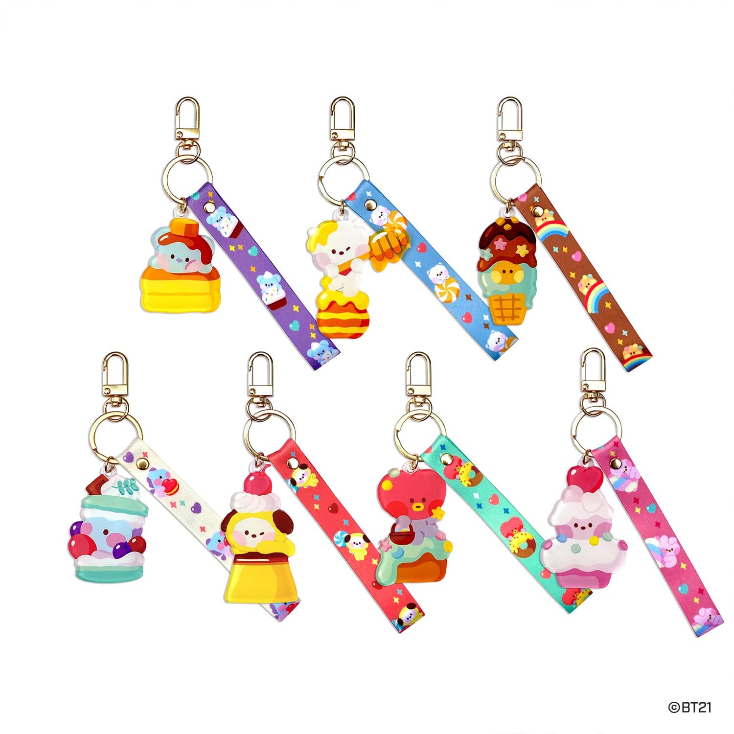 BT21 minini ACRYLIC STRAP KEYRING : porte-clés en acrylique coloré avec sangles, personnages BT21 sur fond blanc.