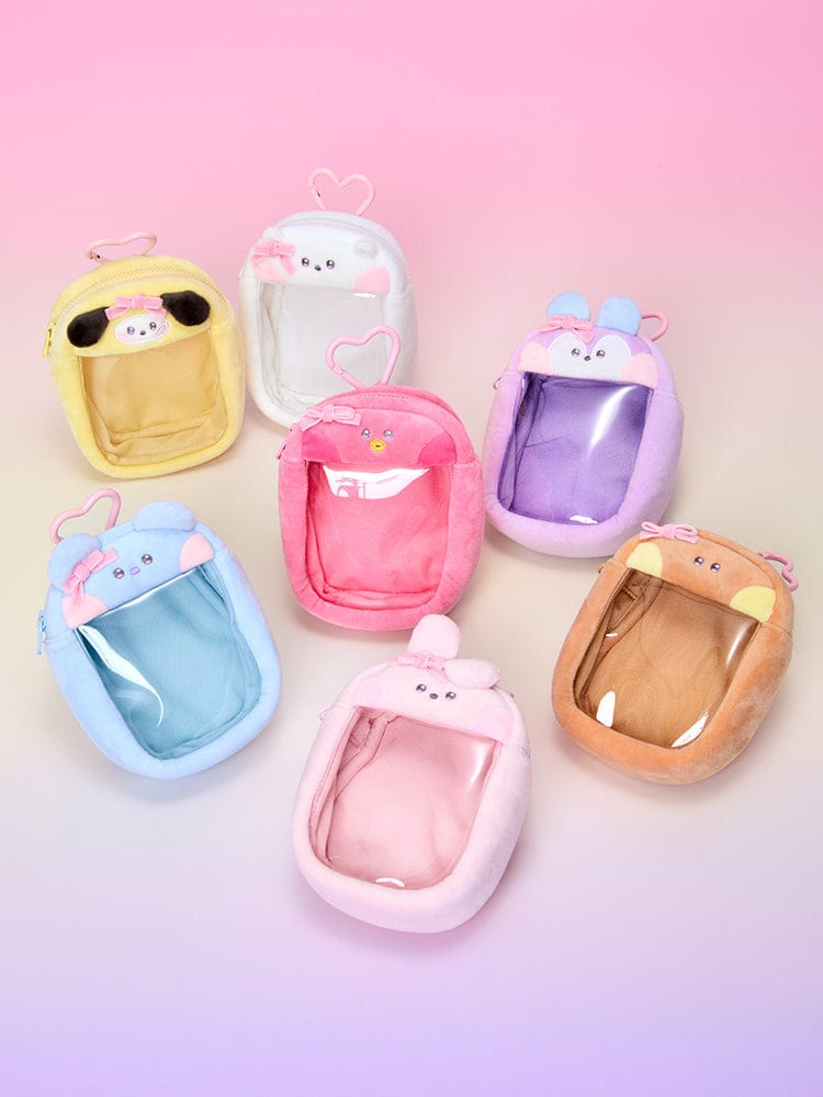 BT21 minini CLEAR BAG CHARM POUCH RIBBONED U, pochettes transparentes LINE FRIENDS sur fond rose, mini personnages adorables