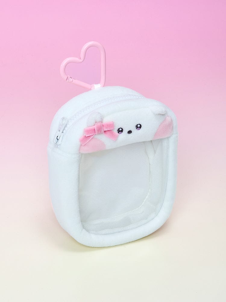 BT21 minini CLEAR BAG CHARM POUCH RIBBONED U, pochette transparente bleu ciel avec ruban, design Minini LINE FRIENDS, fond rose