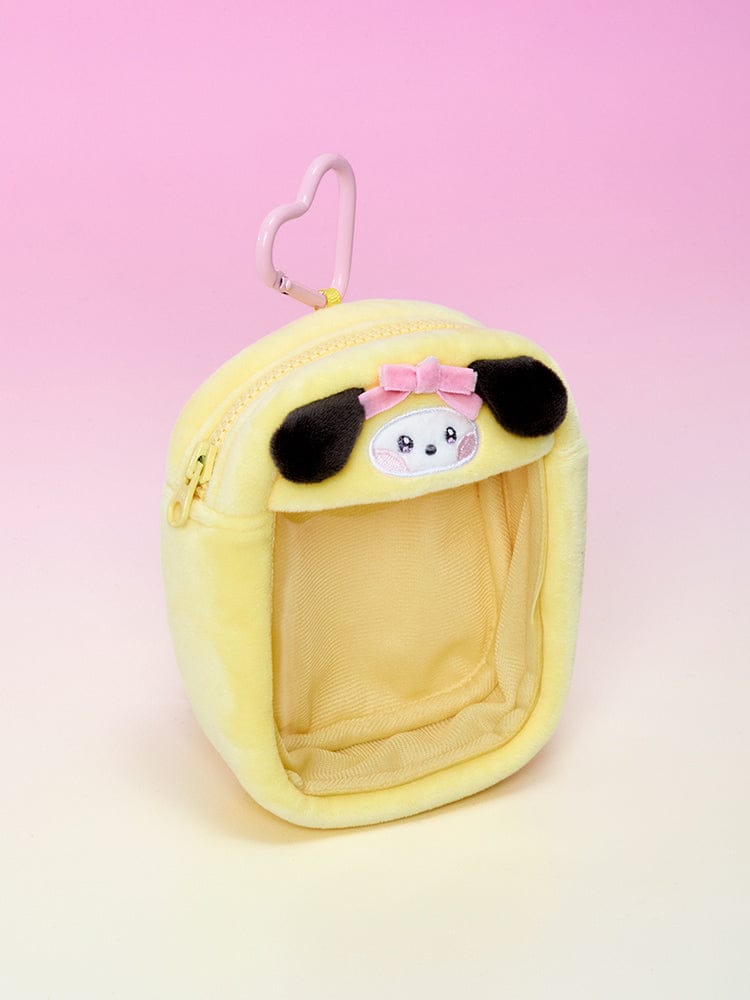 BT21 minini CLEAR BAG CHARM POUCH RIBBONED U : pochette transparente jaune minini LINE FRIENDS, charm avec ruban, fond rose