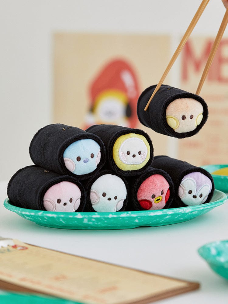 BT21 minini GIMBAP PLUSH SET BUNSIK, peluche BUNSİK en forme de gimbap sur plateau vert, univers BT21 LINE FRIENDS