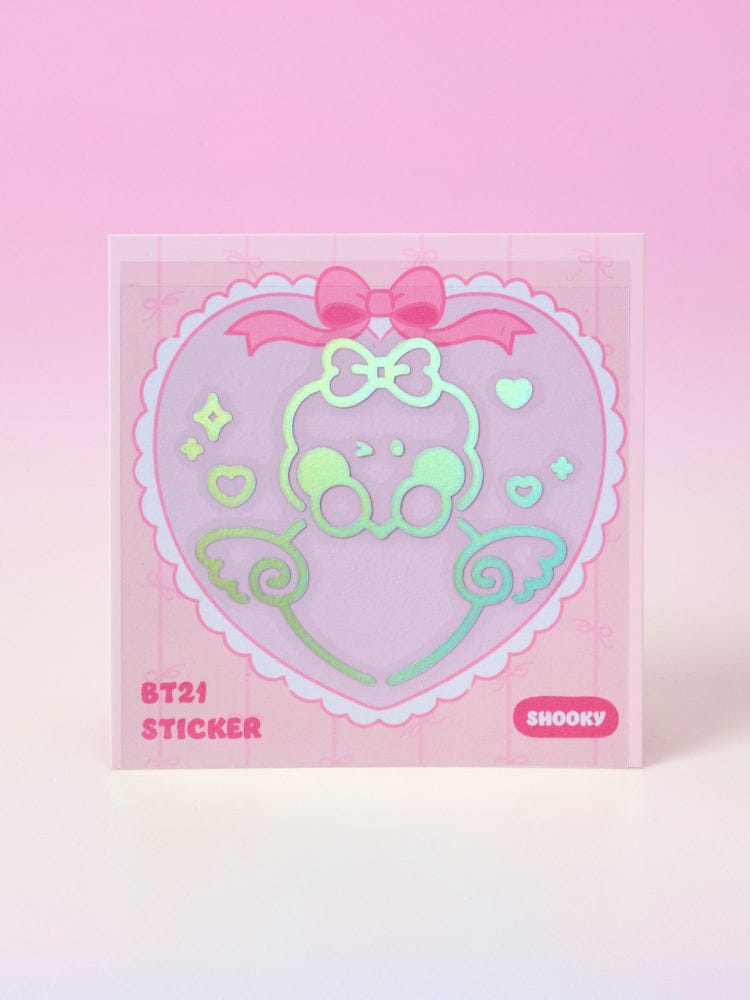 BT21 minini HOLOGRAM MEDIUM STICKER RIBBONED U (2EA), autocollant holographique rose de Shooky, papeterie BT21 sur fond rose