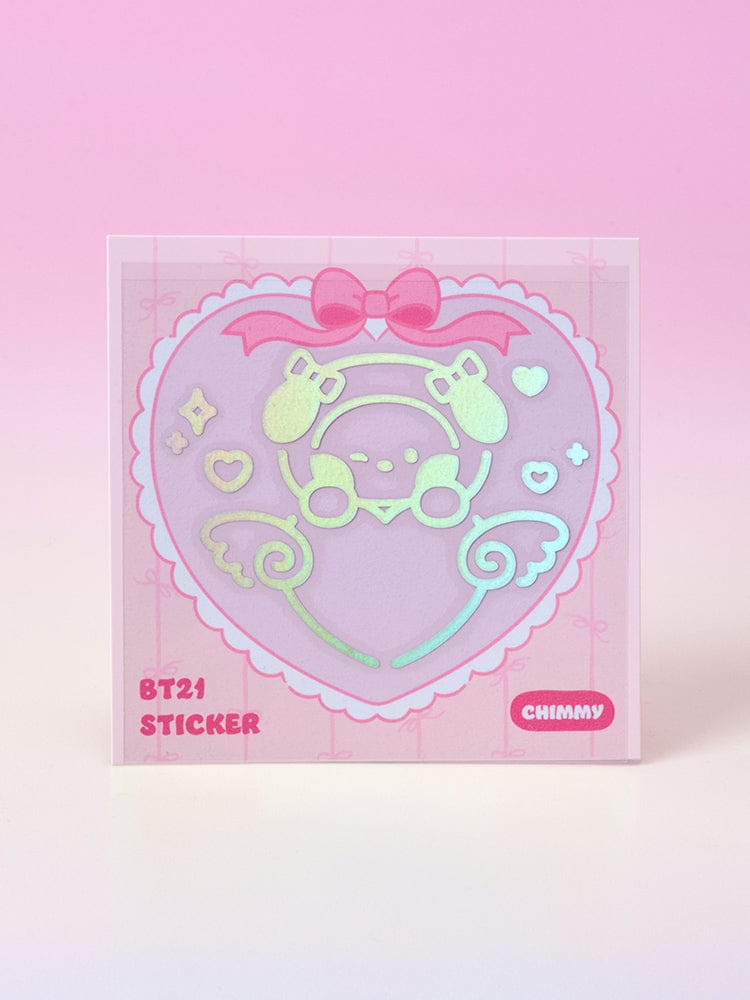 BT21 minini HOLOGRAM MEDIUM STICKER RIBBONED U (2EA) sticker holographique Chimi imprimé sur fond rose, papeterie BT21