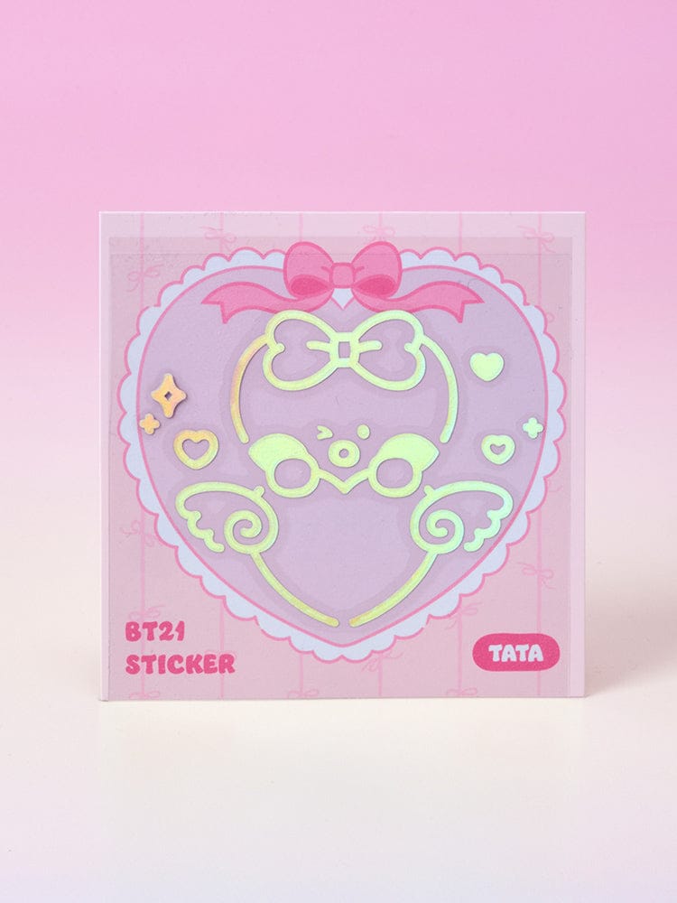 BT21 minini HOLOGRAM MEDIUM STICKER RIBBONED U (2EA) TATA, autocollants hologrammes roses sur fond rose, papeterie