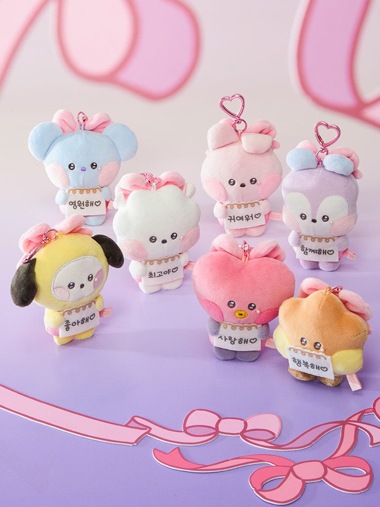 BT21 minini I LOVE YOU MESSAGE BOOK PLUSH KEYRING RIBBONED U, porte-clés peluche MININI en cœur, LINE FRIENDS, sur fond rose