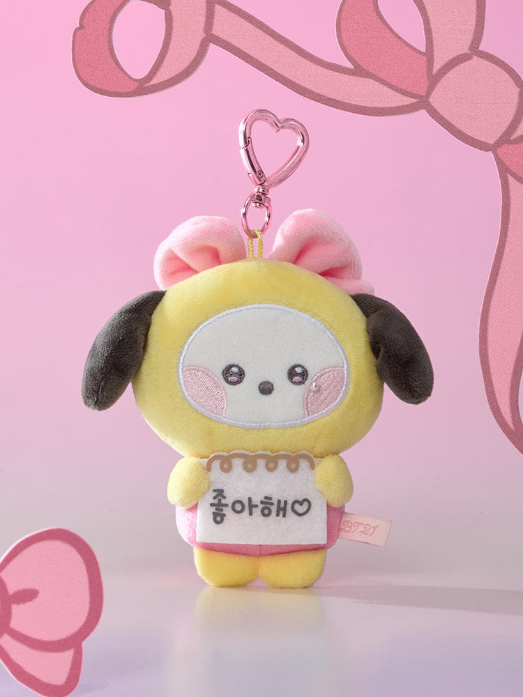 BT21 minini I LOVE YOU MESSAGE BOOK PLUSH KEYRING RIBBONED U, porte-clés plush rose sur fond rose, LINE FRIENDS/BTS
