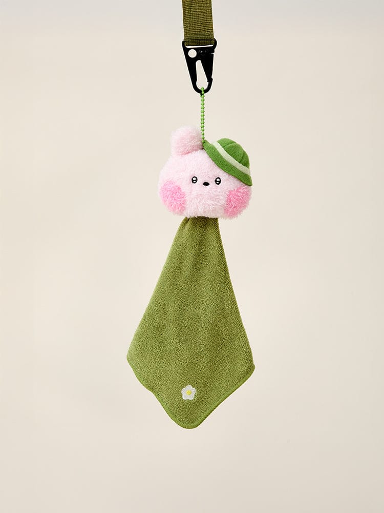 BT21 minini PLUSH HAND TOWEL EXPLORER, peluche serviette main rose et verte suspendue, LINE FRIENDS, décor chambre