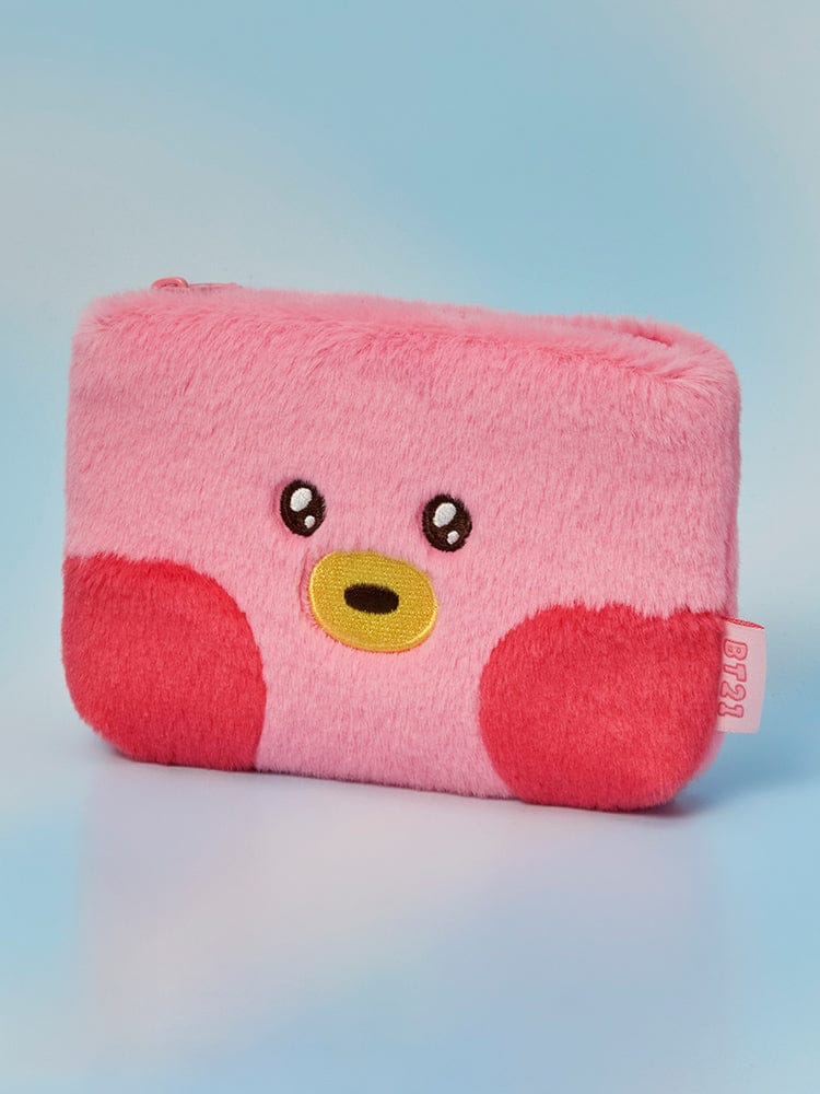 BT21 minini POUCH HUG ME, pochette rose oiseau du style LINE FRIENDS : Minini, design HUG me, fond bleu clair.