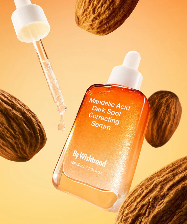 BY WISHTREND Mandelic Acid Dark Spot Correcting Serum 30ml, flacon orange avec embout compte-gouttes, amandes en fond.