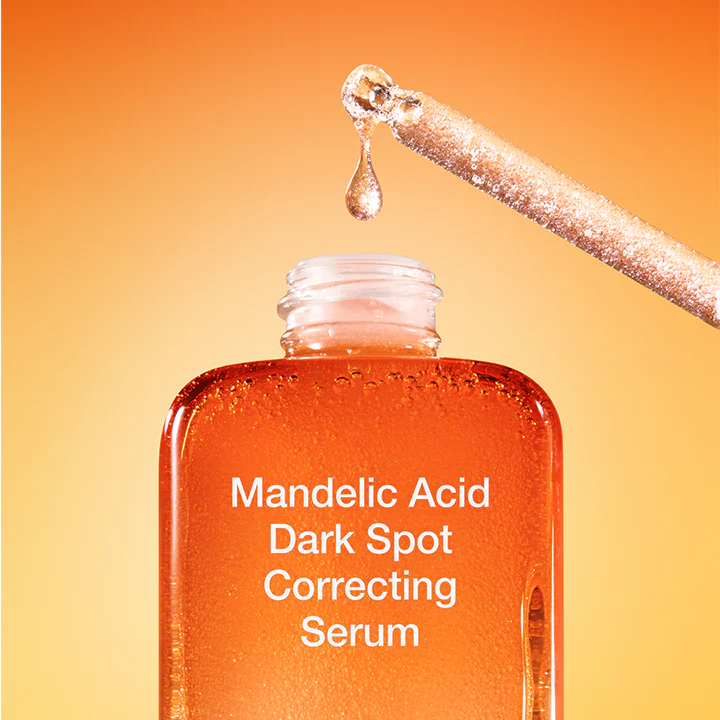 BY WISHTREND Mandelic Acid Dark Spot Correcting Serum 30ml, flacon orange avec sérum coulant, visuel beauté.
