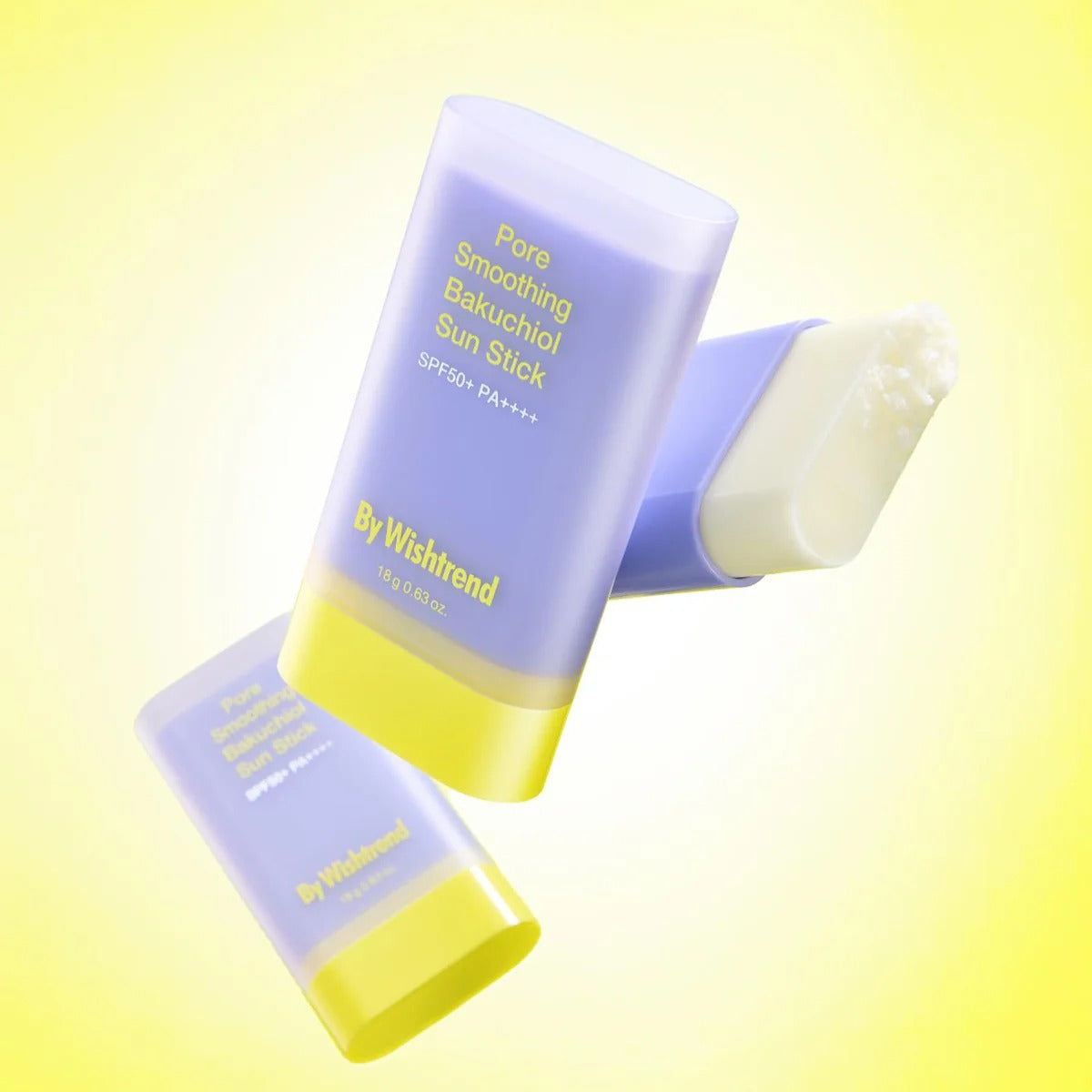BY WISHTREND Pore Smoothing Bakuchoil Sun Stick 18g, stick solaire sur fond jaune, utilisation avec peau et texture crème.