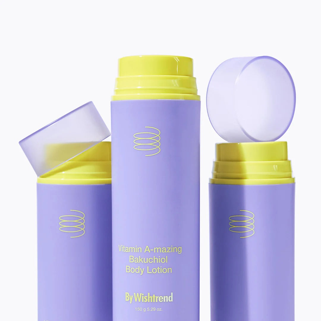 BY WISHTREND Vitamin A-mazing Bakuchiol Body Lotion 150g de BY WISHTREND, bouteilles violettes sur fond clair, visuel produit.