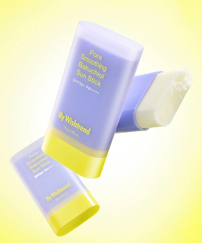 BY WISHTREND Pore Smoothing Bakuchoil Sun Stick 18g en arrière-plan jaune avec stick ouvert et fermé